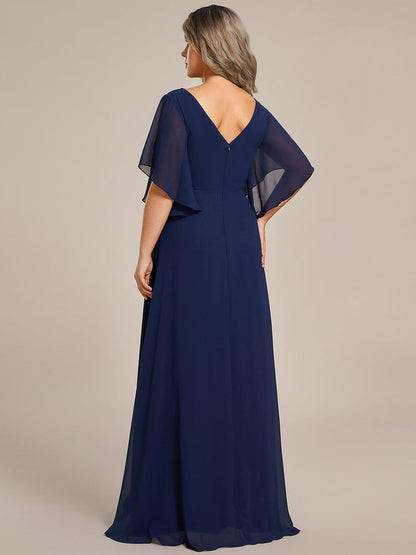 Graceful Plus Size A-line Ruffles Sleeve Chiffon Mother of the Bride Dress with Applique #color_Navy Blue