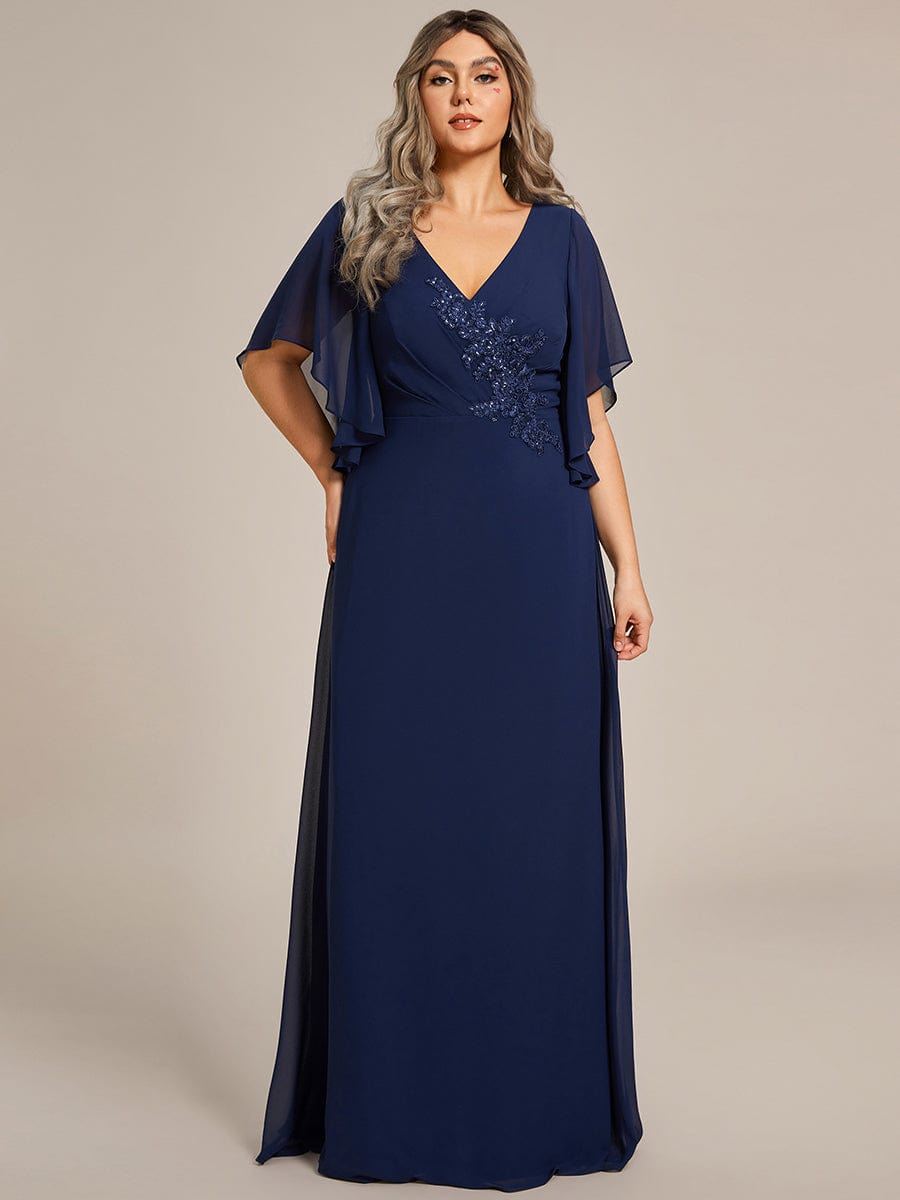 Half Sleeves Top Applique Decoration Chiffon Mother of the Bride Dress #color_Navy Blue