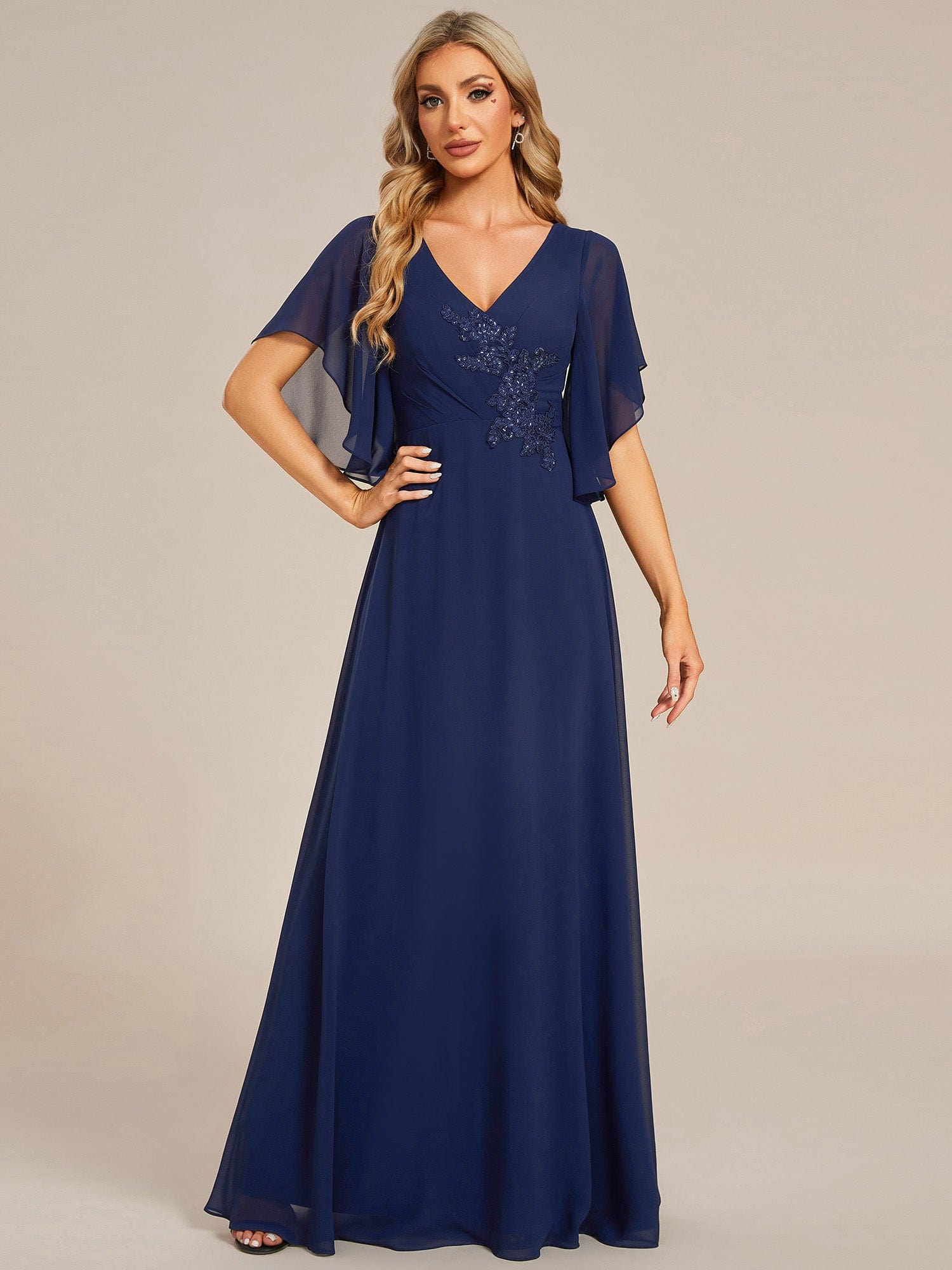 Half Sleeves Top Applique Decoration Chiffon Mother of the Bride Dress #color_Navy Blue