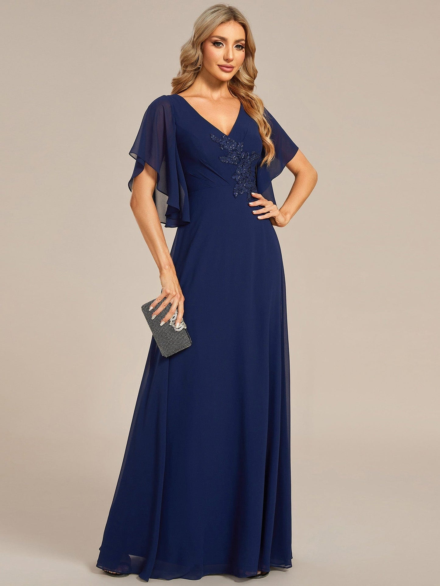 Half Sleeves Top Applique Decoration Chiffon Mother of the Bride Dress #color_Navy Blue