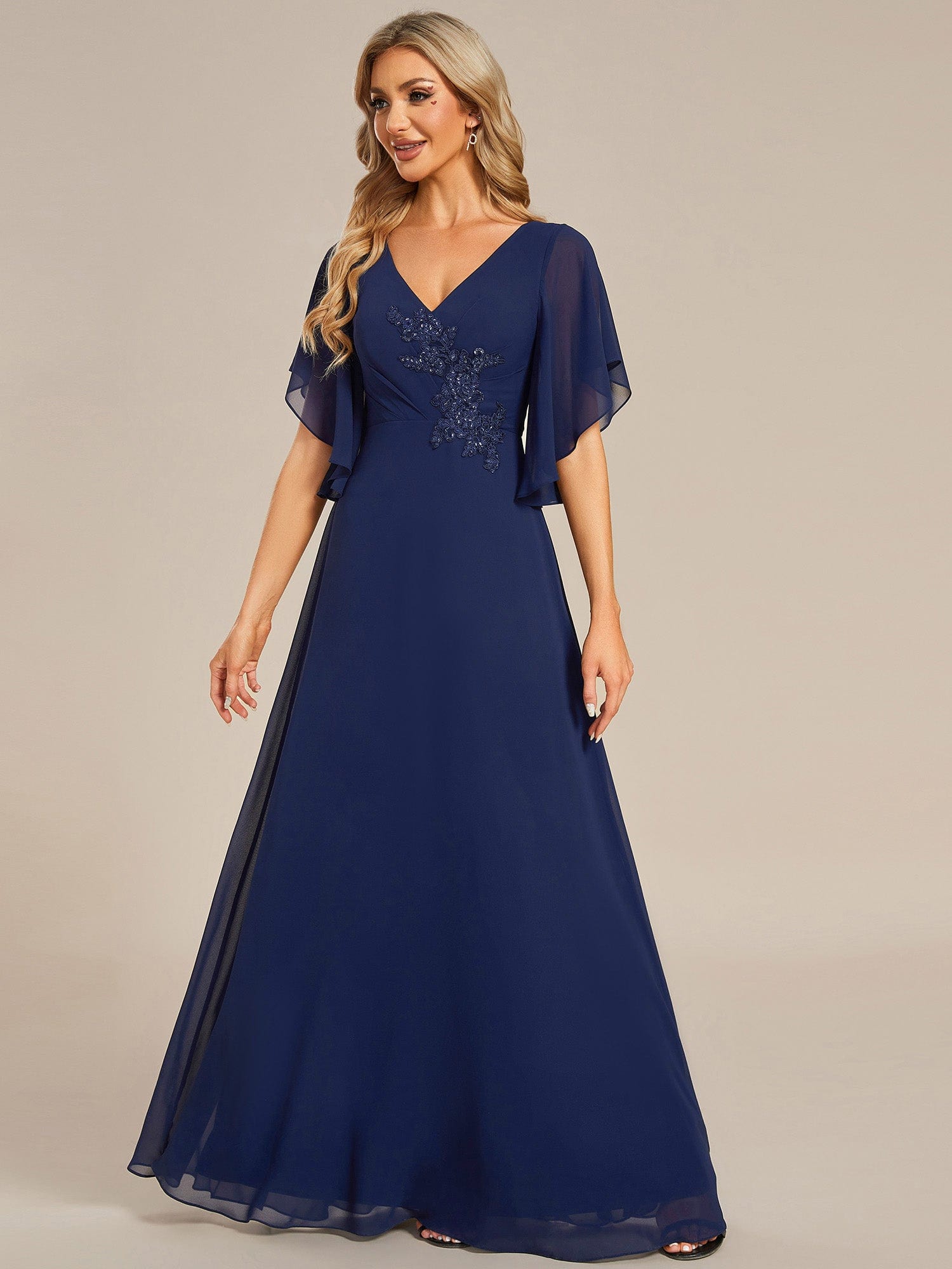 Half Sleeves Top Applique Decoration Chiffon Mother of the Bride Dress #color_Navy Blue