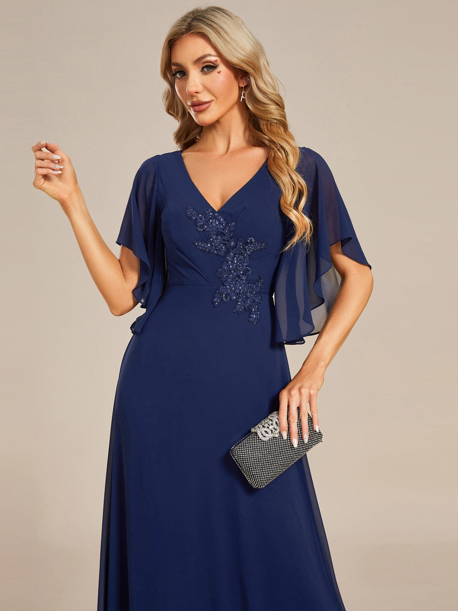 Half Sleeves Top Applique Decoration Chiffon Mother of the Bride Dress #color_Navy Blue