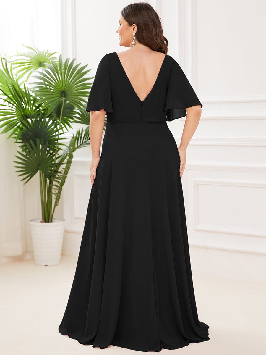 Chiffon Flutter Sleeve V-Neck Mother Of The Bride Dress #color_Black