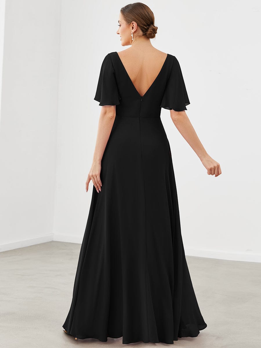 Chiffon Flutter Sleeve V-Neck Mother Of The Bride Dress #color_Black