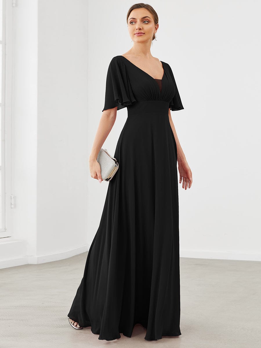 Chiffon Flutter Sleeve V-Neck Mother Of The Bride Dress #color_Black