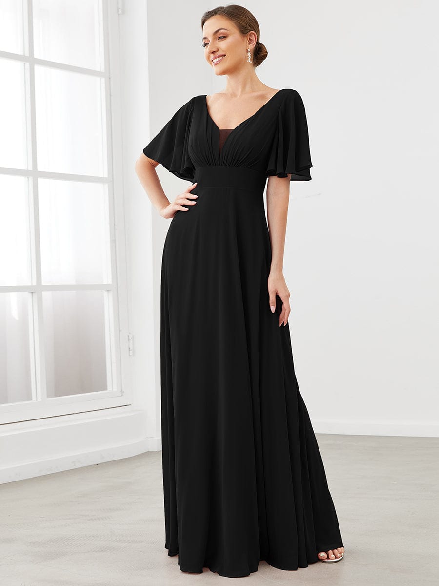 Chiffon Flutter Sleeve V-Neck Mother Of The Bride Dress #color_Black