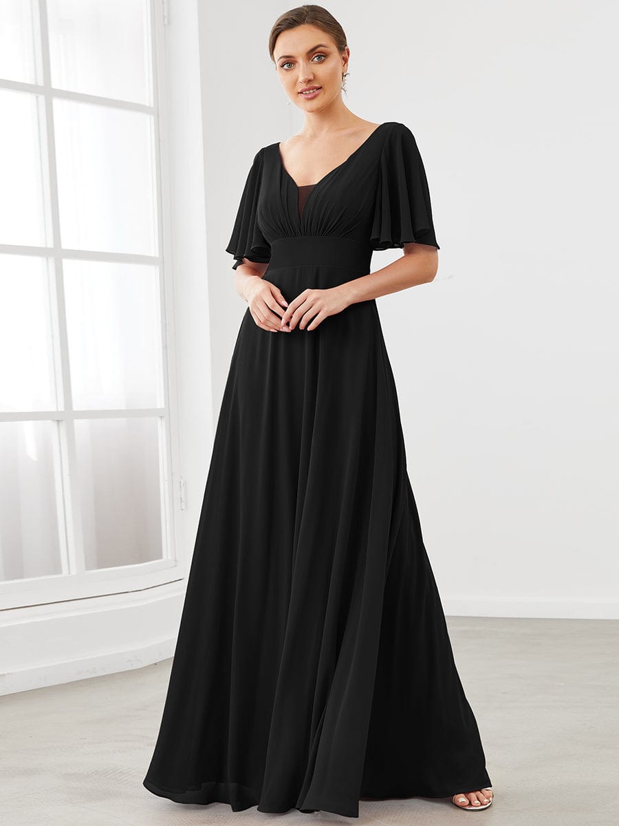 Chiffon Flutter Sleeve V-Neck Mother Of The Bride Dress #color_Black