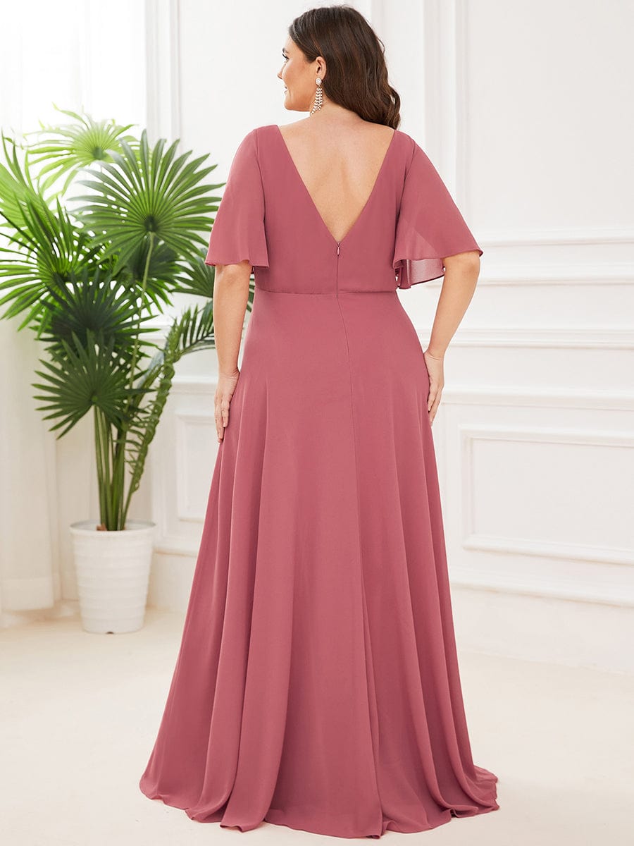 Chiffon Flutter Sleeve V-Neck Mother Of The Bride Dress #color_Cameo Brown