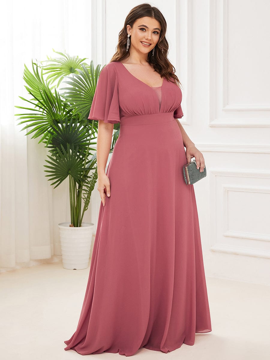 Chiffon Flutter Sleeve V-Neck Mother Of The Bride Dress #color_Cameo Brown