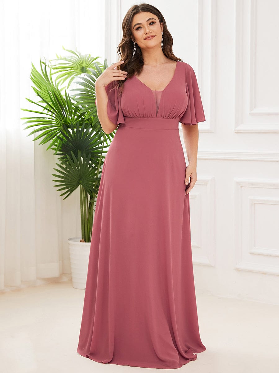 Chiffon Flutter Sleeve V-Neck Mother Of The Bride Dress #color_Cameo Brown