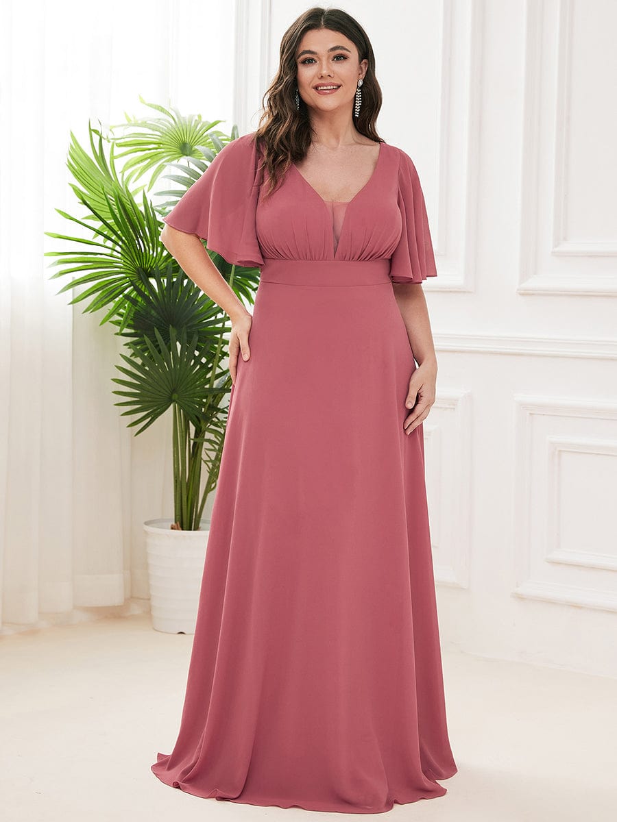 Chiffon Flutter Sleeve V-Neck Mother Of The Bride Dress #color_Cameo Brown