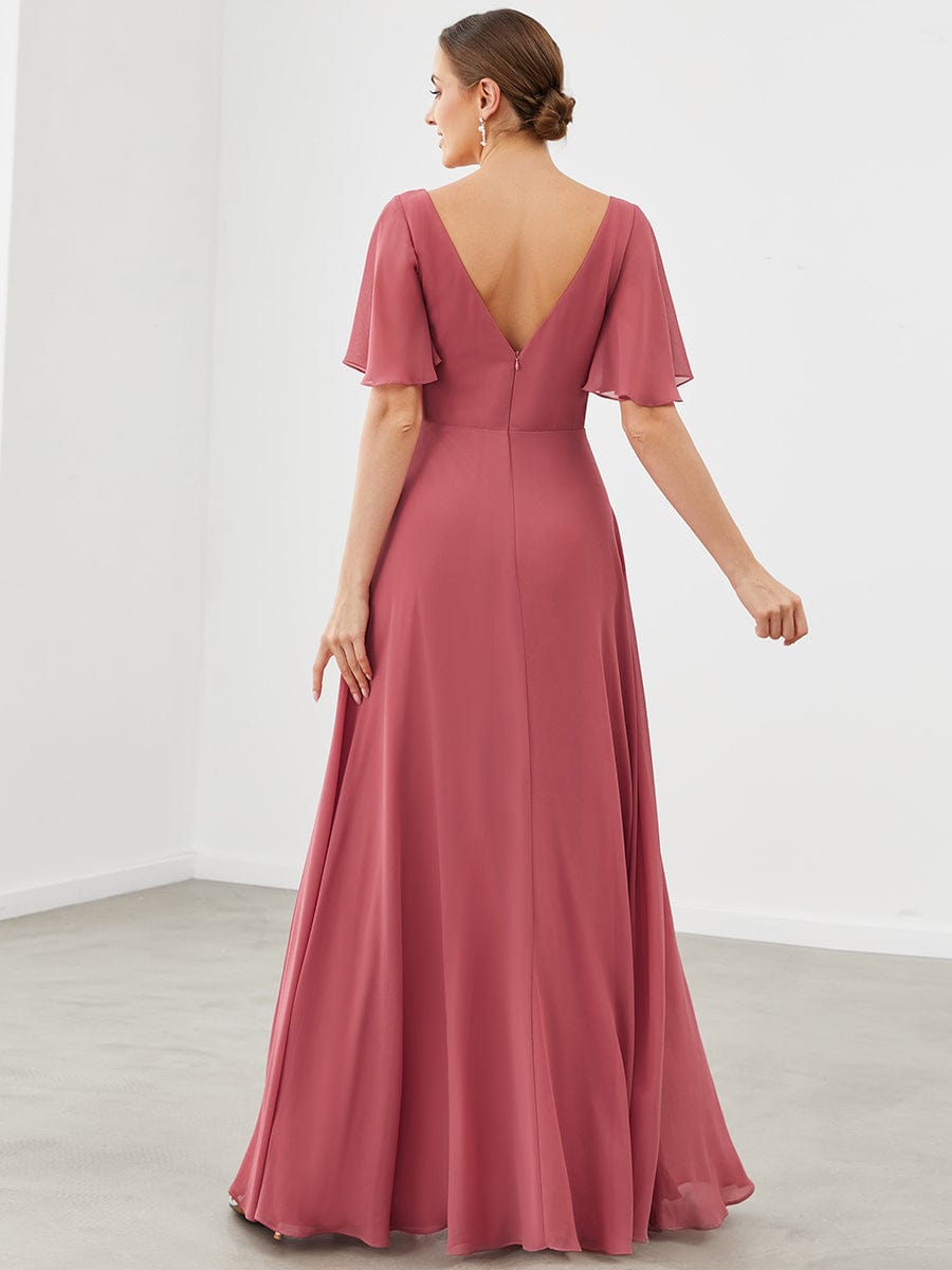 Chiffon Flutter Sleeve V-Neck Mother Of The Bride Dress #color_Cameo Brown