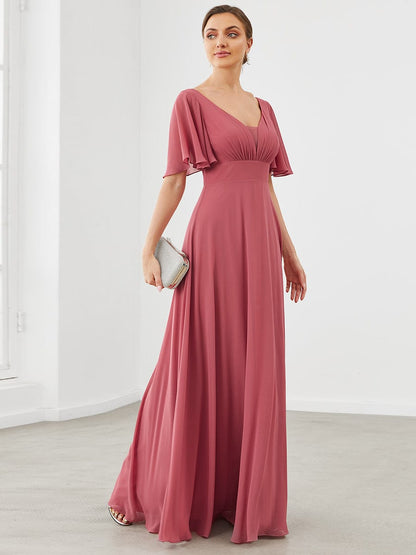 Chiffon Flutter Sleeve V-Neck Mother Of The Bride Dress #color_Cameo Brown