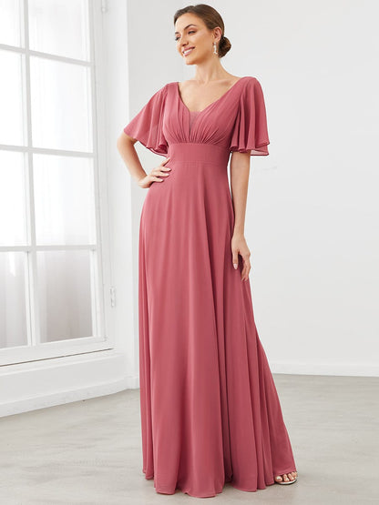 Chiffon Flutter Sleeve V-Neck Mother Of The Bride Dress #color_Cameo Brown