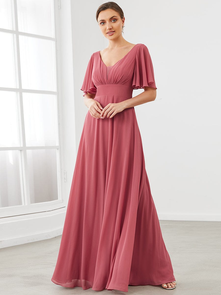 Chiffon Flutter Sleeve V-Neck Mother Of The Bride Dress #color_Cameo Brown