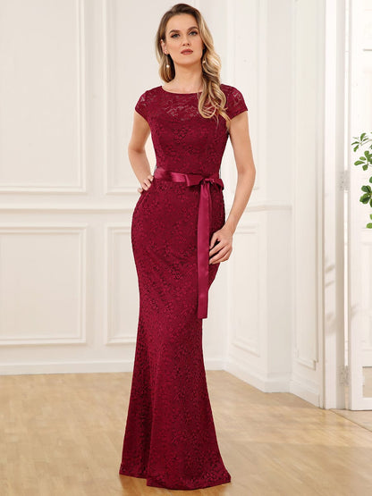 Short Sleeve Ribbon Waist Bodycon Mother of the Bride Dress #color_Burgundy