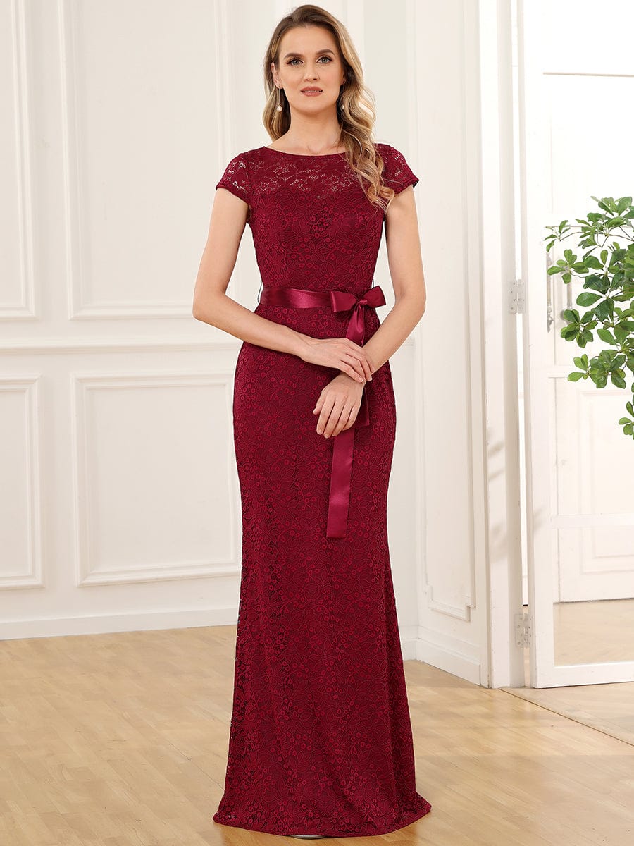 Short Sleeve Ribbon Waist Bodycon Mother of the Bride Dress #color_Burgundy