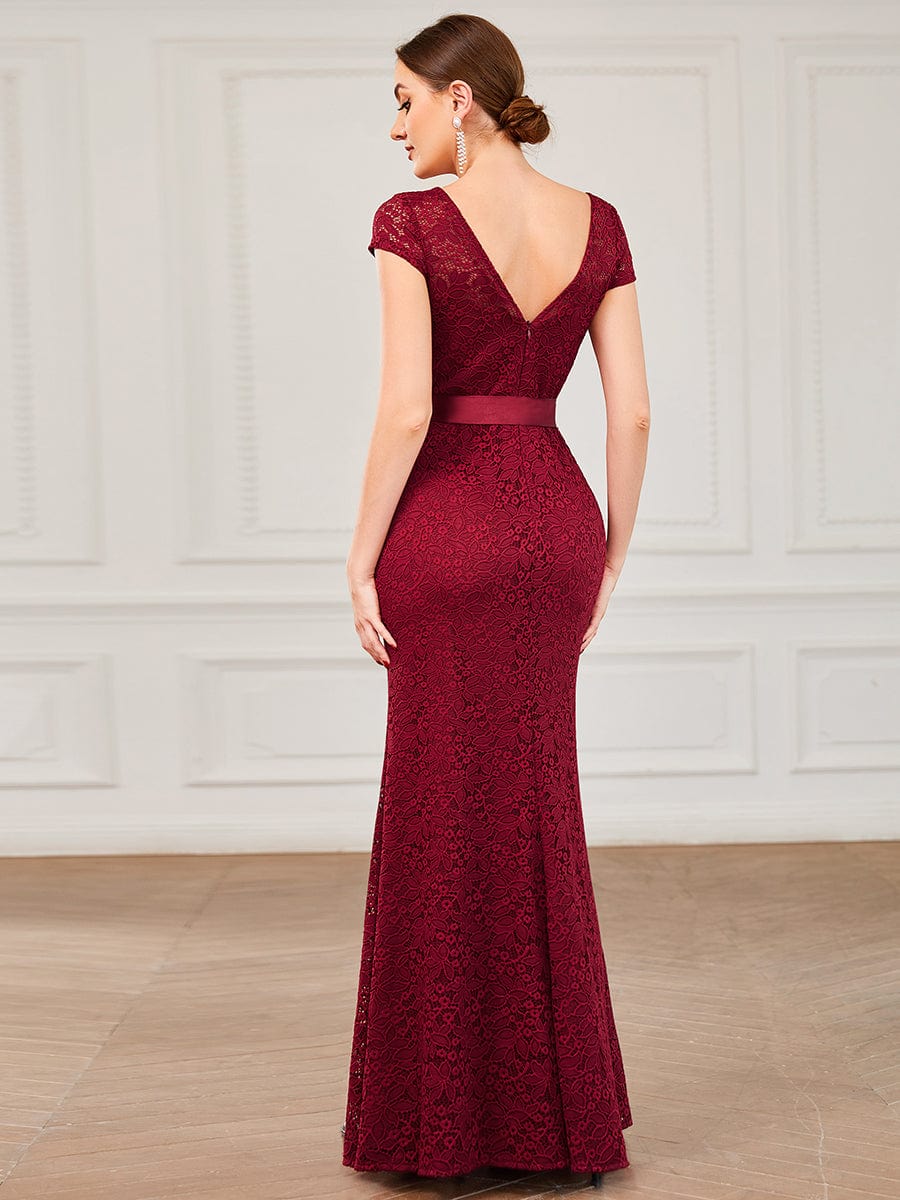 Short Sleeve Ribbon Waist Bodycon Mother of the Bride Dress #color_Burgundy