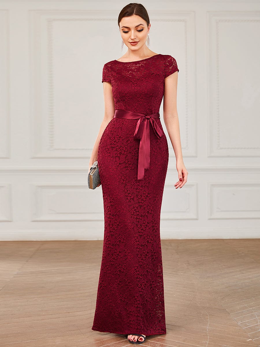 Short Sleeve Ribbon Waist Bodycon Mother of the Bride Dress #color_Burgundy