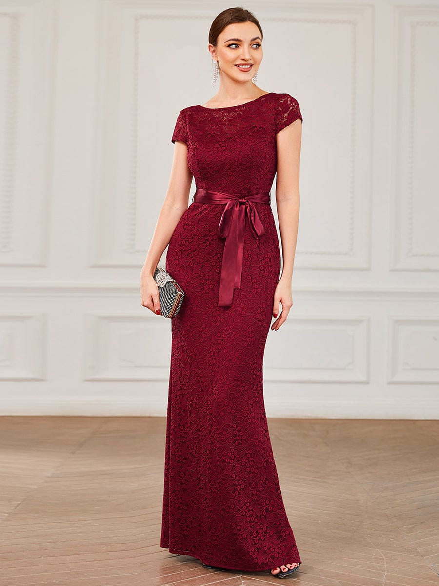 Short Sleeve Ribbon Waist Bodycon Mother of the Bride Dress #color_Burgundy