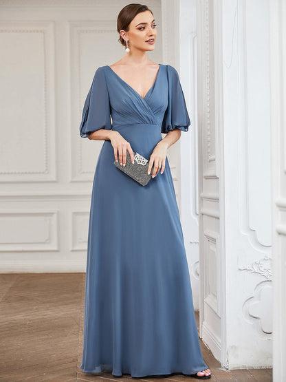 Pleated V-Neck Split Sleeve Chiffon Mother of the Bride Dress #Color_Dusty Navy