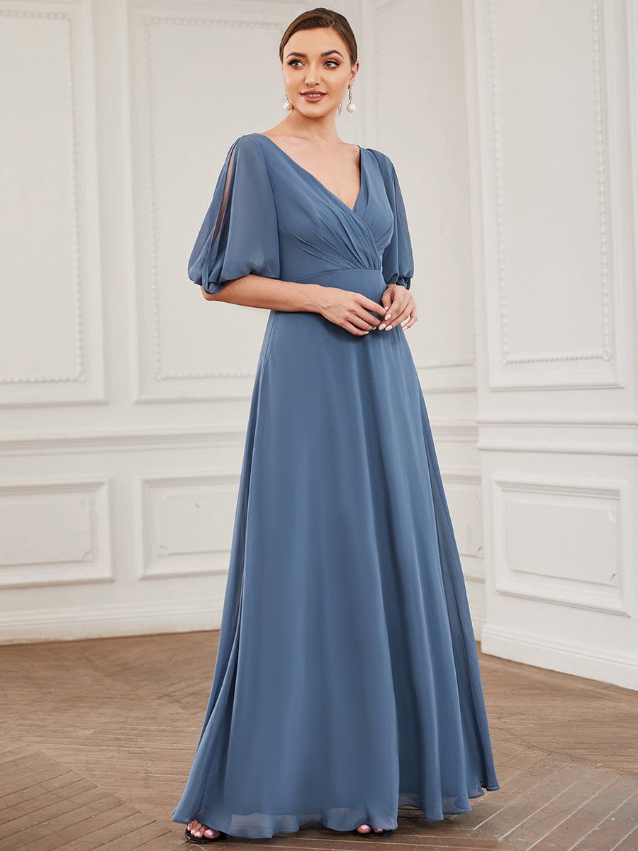 Pleated V-Neck Split Sleeve Chiffon Mother of the Bride Dress #Color_Dusty Navy