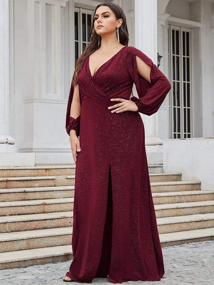 Plus Size Lantern Sleeve V-Neck Floor-Length Mother of the Bride Dress #color_Burgundy 