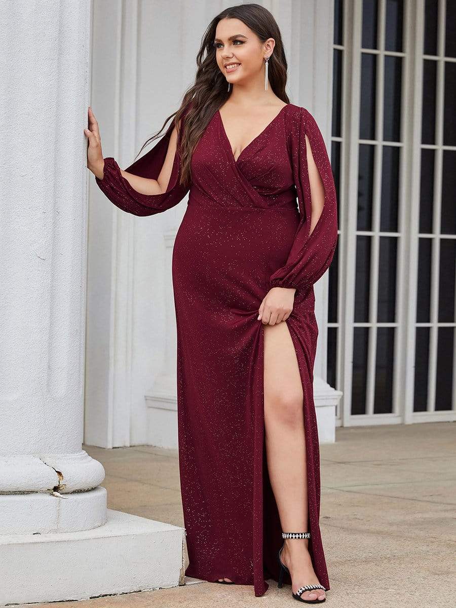 Plus Size Lantern Sleeve V-Neck Floor-Length Mother of the Bride Dress #color_Burgundy 