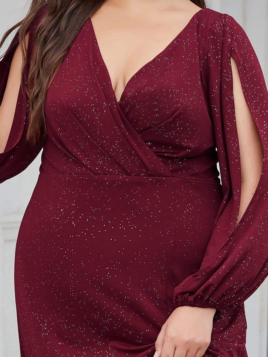 Plus Size Lantern Sleeve V-Neck Floor-Length Mother of the Bride Dress #color_Burgundy 