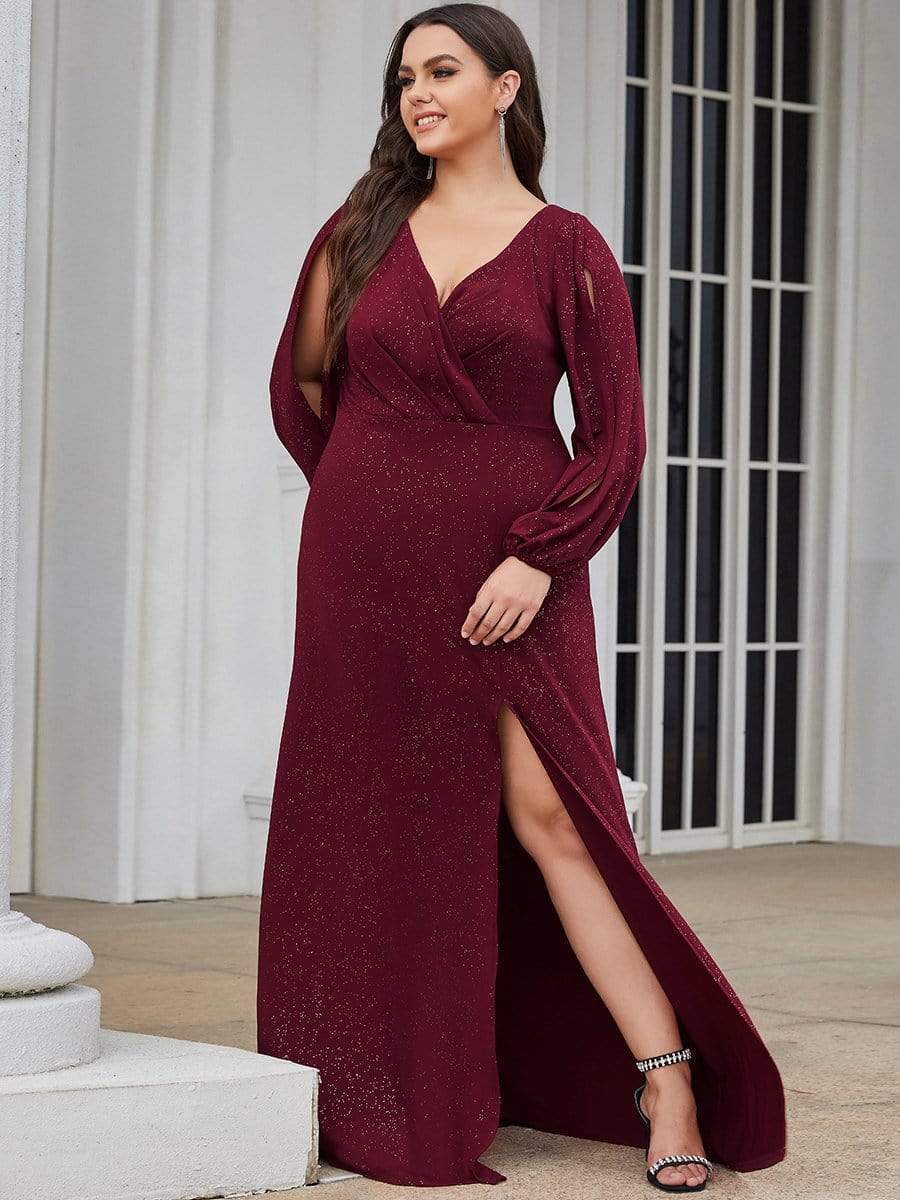 Plus Size Lantern Sleeve V-Neck Floor-Length Mother of the Bride Dress #color_Burgundy 