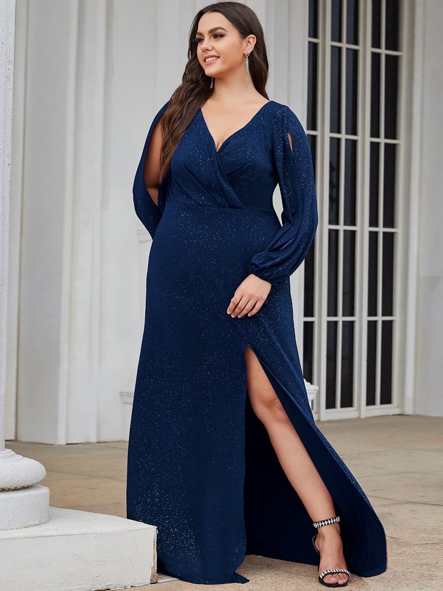 Plus Size Lantern Sleeve V-Neck Floor-Length Mother of the Bride Dress #color_Navy Blue 