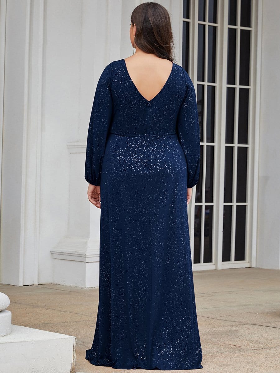 Plus Size Lantern Sleeve V-Neck Floor-Length Mother of the Bride Dress #color_Navy Blue 