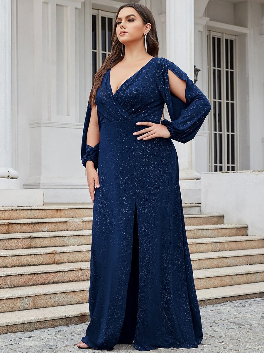 Plus Size Lantern Sleeve V-Neck Floor-Length Mother of the Bride Dress #color_Navy Blue 