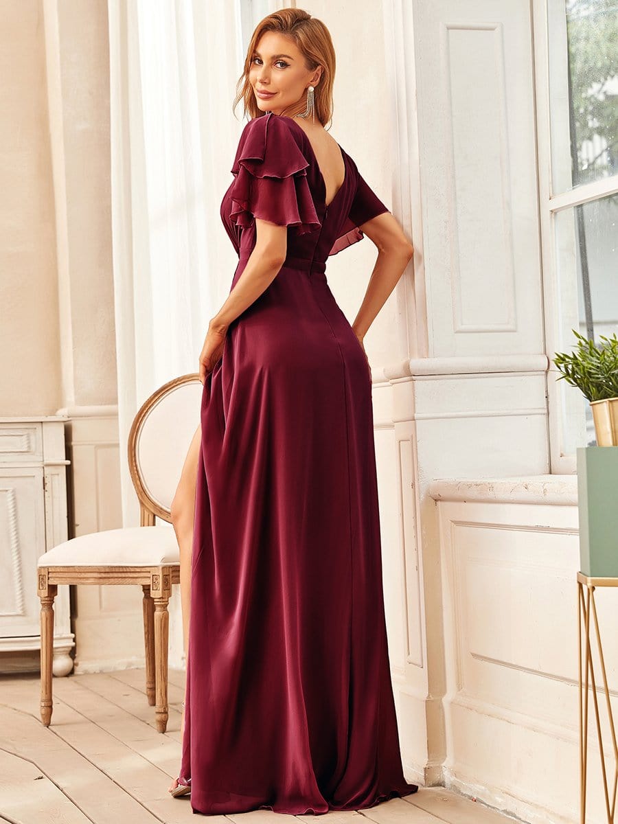 Ruffled Sleeve A-line Front Slit Mother Dress #color_Burgundy