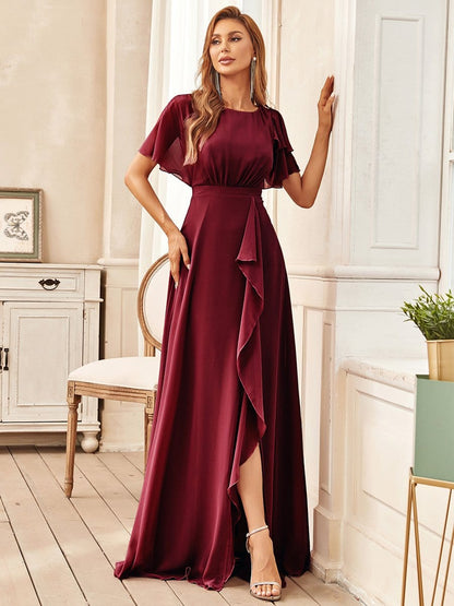 Ruffled Sleeve A-line Front Slit Mother Dress #color_Burgundy