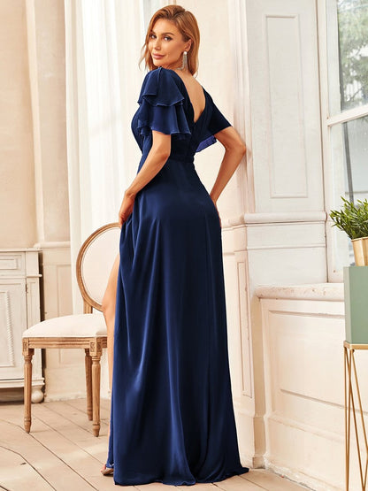 Ruffled Sleeve A-line Front Slit Mother Dress #color_Navy Blue