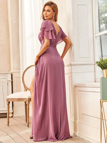 Ruffled Sleeve A-line Front Slit Mother Dress #color_Purple Orchid