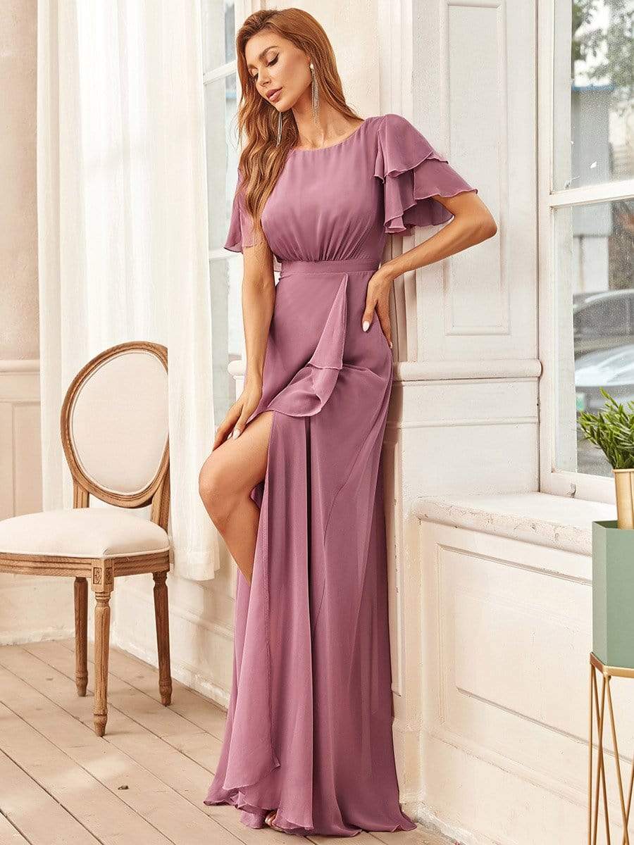 Ruffled Sleeve A-line Front Slit Mother Dress #color_Purple Orchid