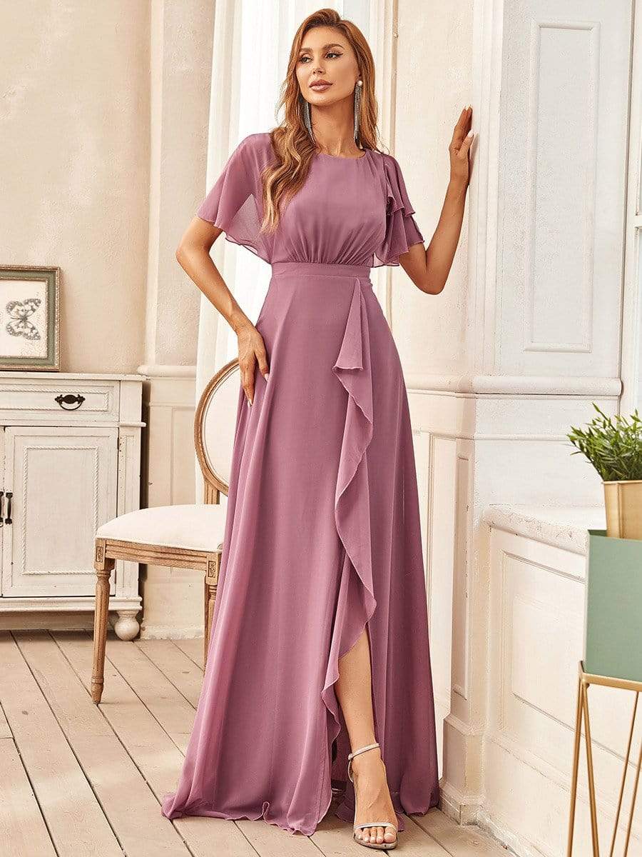 Ruffled Sleeve A-line Front Slit Mother Dress #color_Purple Orchid