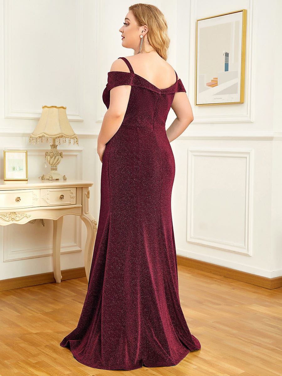 Elegant Plus Size Cold Shoulder Long Mermaid Mother Dress #color_Burgundy