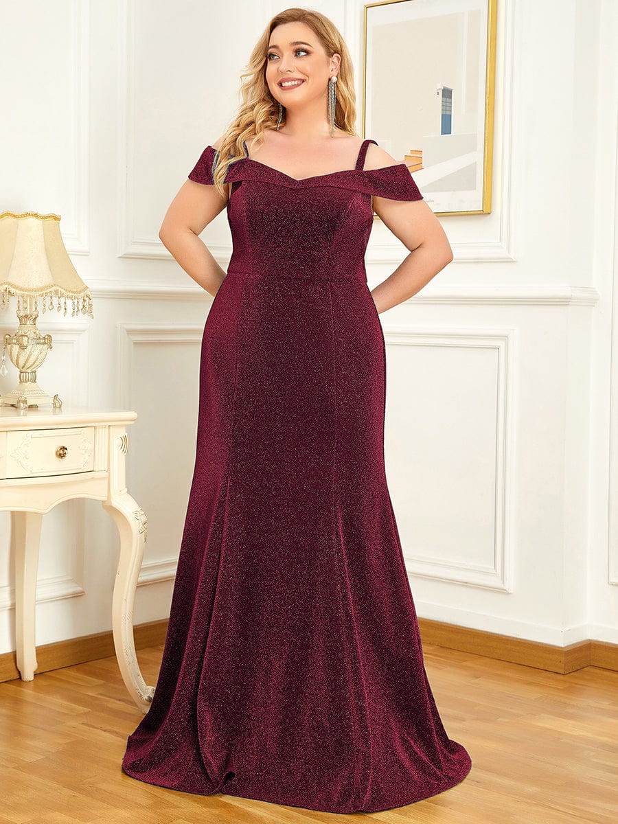 Elegant Plus Size Cold Shoulder Long Mermaid Mother Dress #color_Burgundy