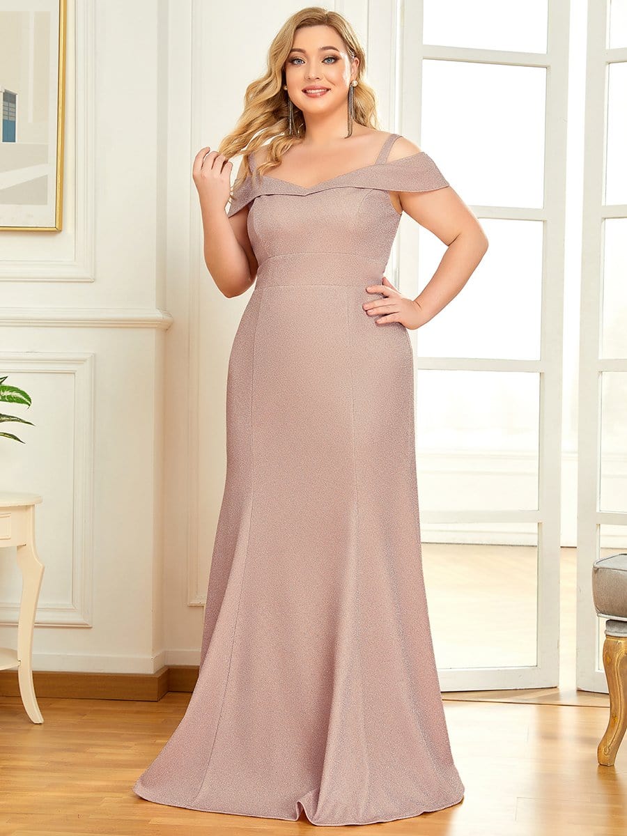 Elegant Plus Size Cold Shoulder Long Mermaid Mother Dress #color_Blush 