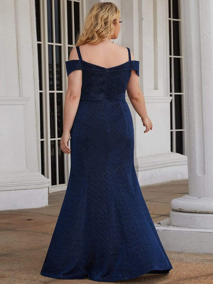 Elegant Plus Size Cold Shoulder Long Mermaid Mother Dress #color_Navy Blue 