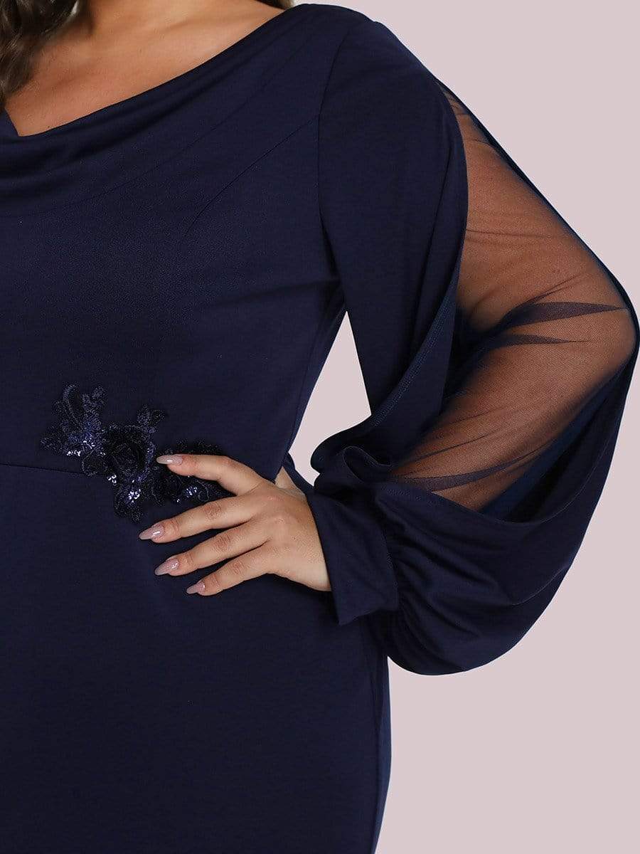 Plus Size Lantern Sleeve Cowl Neck Knitting Mother of the Bride Dress #color_Navy Blue