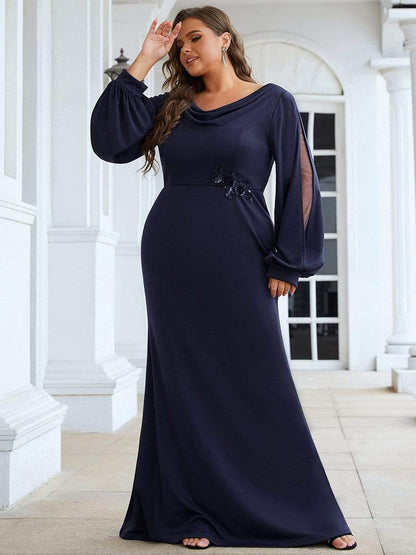 Plus Size Lantern Sleeve Cowl Neck Knitting Mother of the Bride Dress #color_Navy Blue