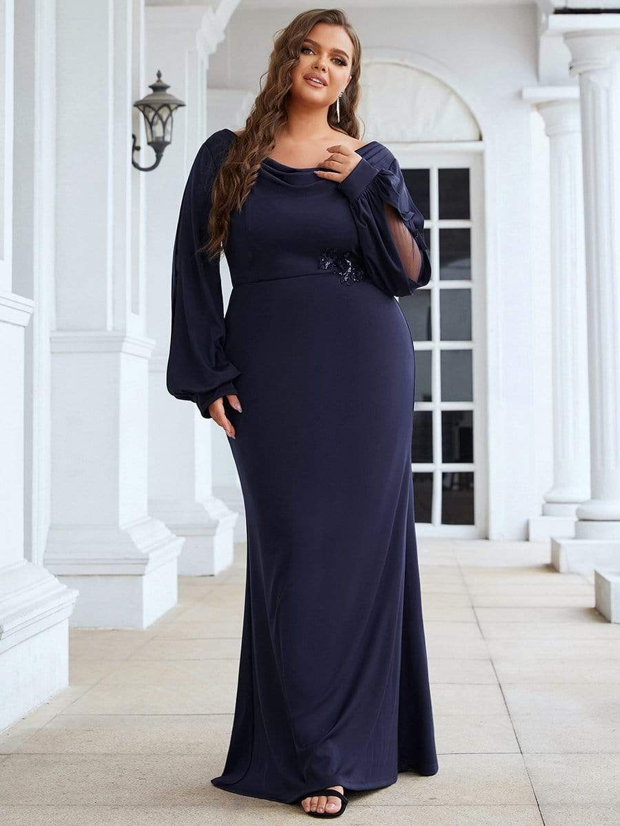 Plus Size Lantern Sleeve Cowl Neck Knitting Mother of the Bride Dress #color_Navy Blue