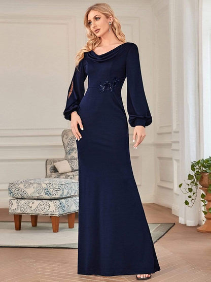 Lantern Sleeve Cowl Neck Knitting Mother of the Bride Dress #color_Navy Blue