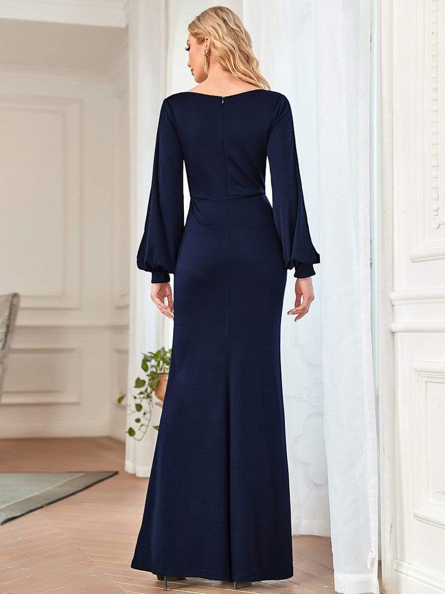 Lantern Sleeve Cowl Neck Knitting Mother of the Bride Dress #color_Navy Blue