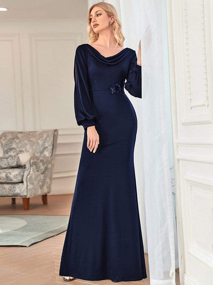 Lantern Sleeve Cowl Neck Knitting Mother of the Bride Dress #color_Navy Blue