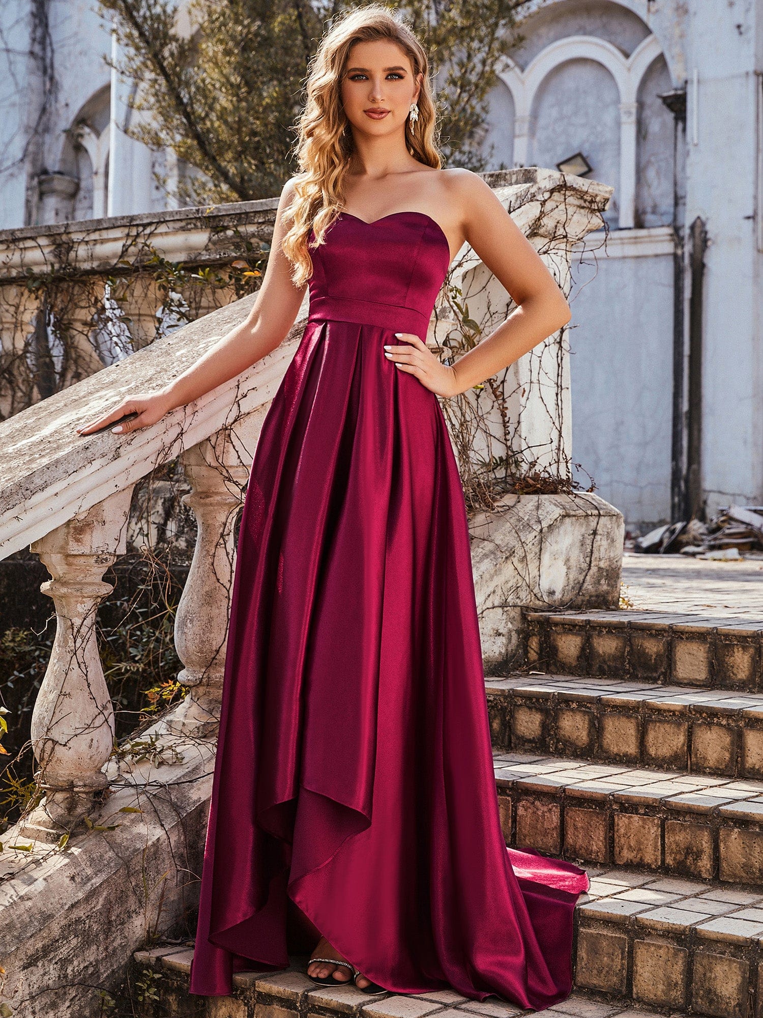 Custom Size Sweetheart Strapless Prom Dress with Asymmetrical Hem #color_Burgundy